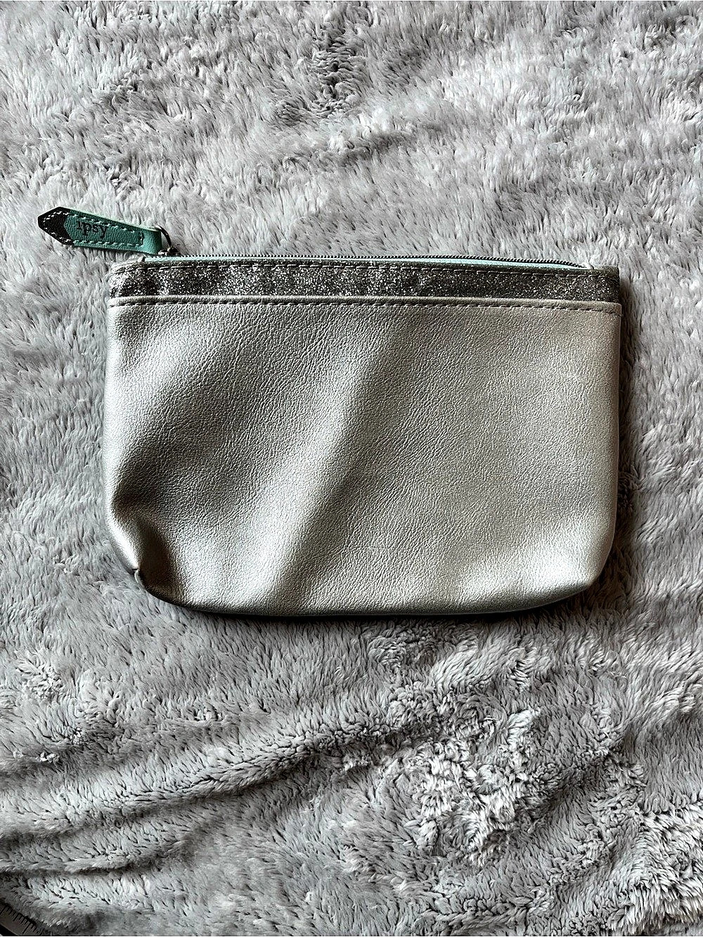 ipsy Silver Metallic Cosmetic Bag with Glitter Trim and Mint Zipper